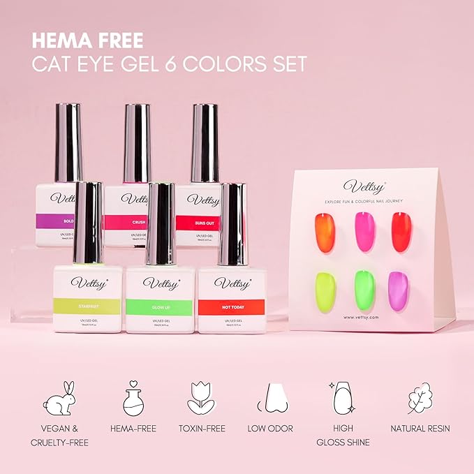 vettsy HEMA-Free Neon Gel Nail Polish Kit - 6 Vibrant Long-Lasting Soak-Off UV/LED Gel Polishes - Vegan & Cruelty-Free for Healthy, Chip-Resistant Nails