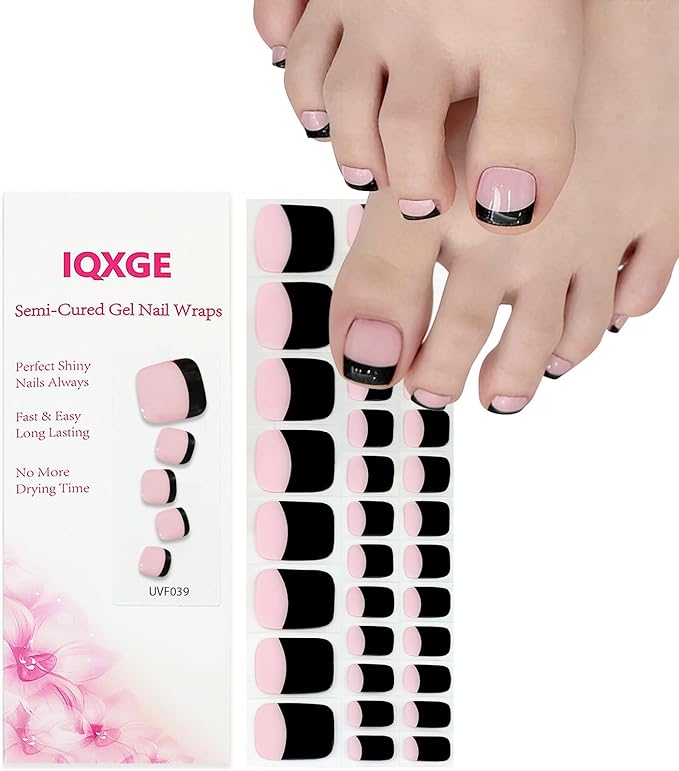 34 Pcs Semi Cured Gel Toe Nail Strips Black French Tip Gel Nail Stickers Full Cover Nails Wraps Self Adhesive Toe Nails Polish Strips Stickers for Women UV/LED Light Required