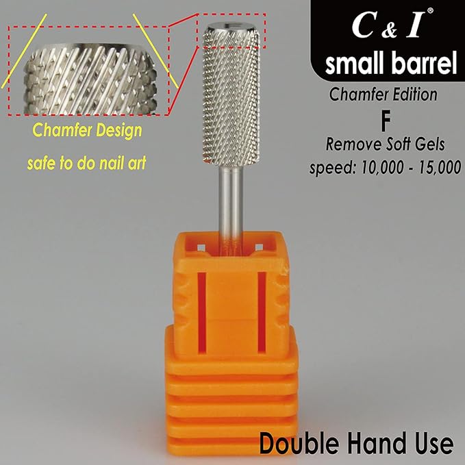 C & I Small Barrel Nail Drill Bit, Chamfer Edition, Professional Electric Nail File for Manicure Drill Machine, Remove Nail Gels, Acrylics, 3/32” (Fine -F)