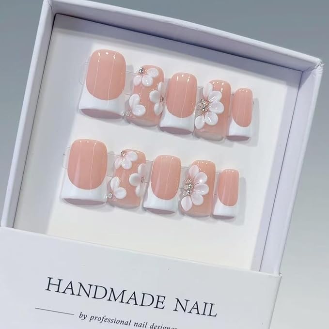 Handmade Nails Duckbill Euro American Style Nude Pink French White 3D Cute Flower Diamond Accents Gentle Sweet Skin Brightening Glossy Surface Fashion Manicure Press on Nails 10 pcs (S)