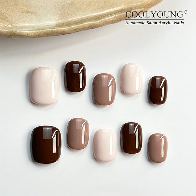 Press-On Nails, Fake Nails With Light Brown, Dark Brown, Beige, Brown Press On Nails, Short Nails, 25 PCS Handmade Nails