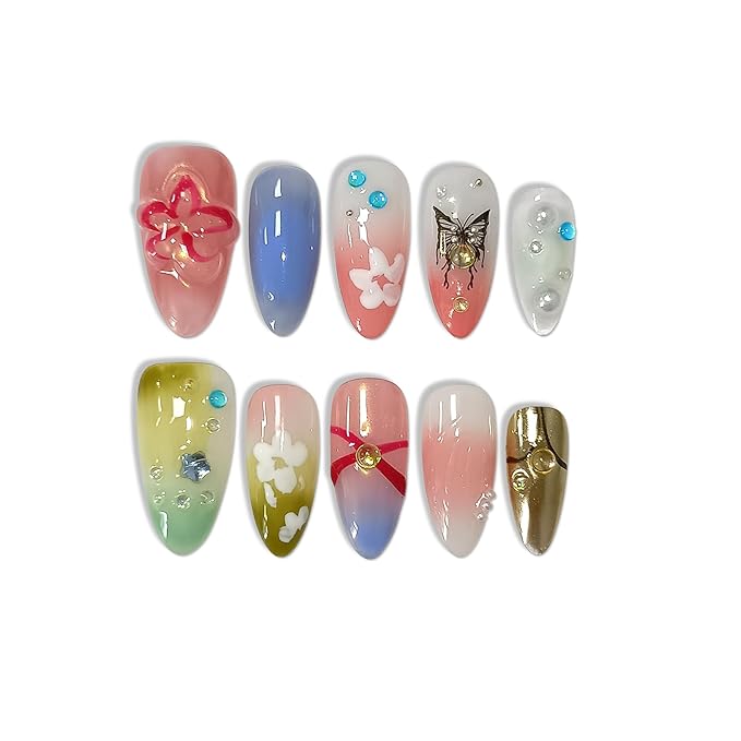 Colorful Almond Nails,Handmade Press on Nails,Glossy Pink Green Purple Soft Gel Finished with Flower Butterfly Pattern,Acrylic Glitter Butterfly Nails For Summer(S)
