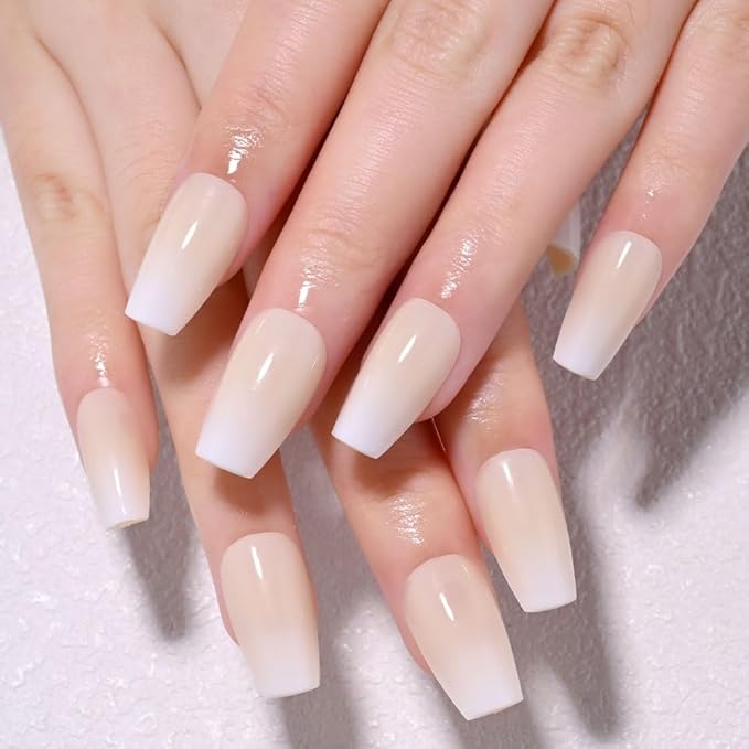 Khaki White Ombre Glossy Press on Nails Coffin Acrylic Fake Nails Stylish Design, Natural Reusable Nails Kit for Women DIY False Nail Art Decoration Gift, Salon Quality Reusable 15/30 Pcs