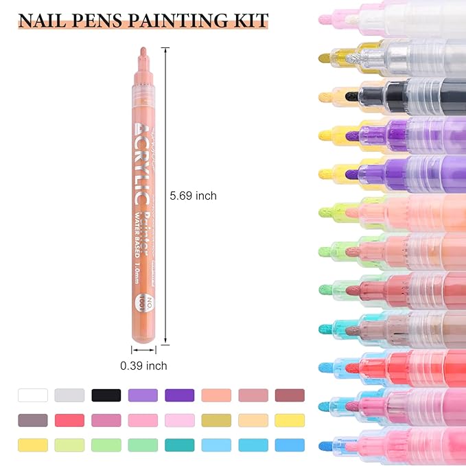 24 Colors Nail Art Pens Set 1.0MM Fine Tip 3D Acrylic Paint Markers Quick-Dry Smudge-Proof Dotting Drawing Liner Pens Nail Art Brush for DIY Nail Art