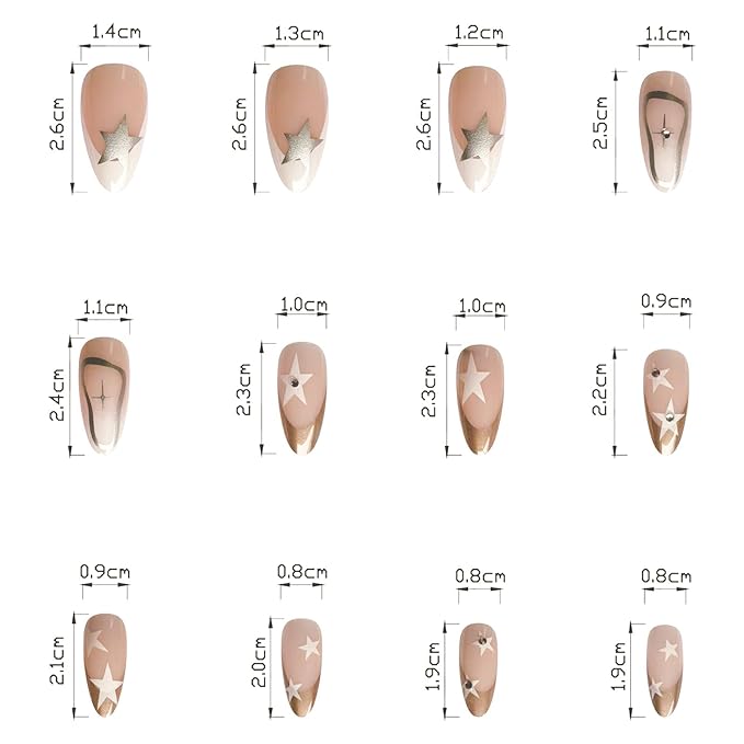 Press on Nails Medium Almond MABKJLF French Tip Fake Nails Nude Full Cover White Gold Nail Tip False Nails with Star Designs Rhinestones Glossy Glue on Nails Artificial Nails for Women Girls 24Pcs