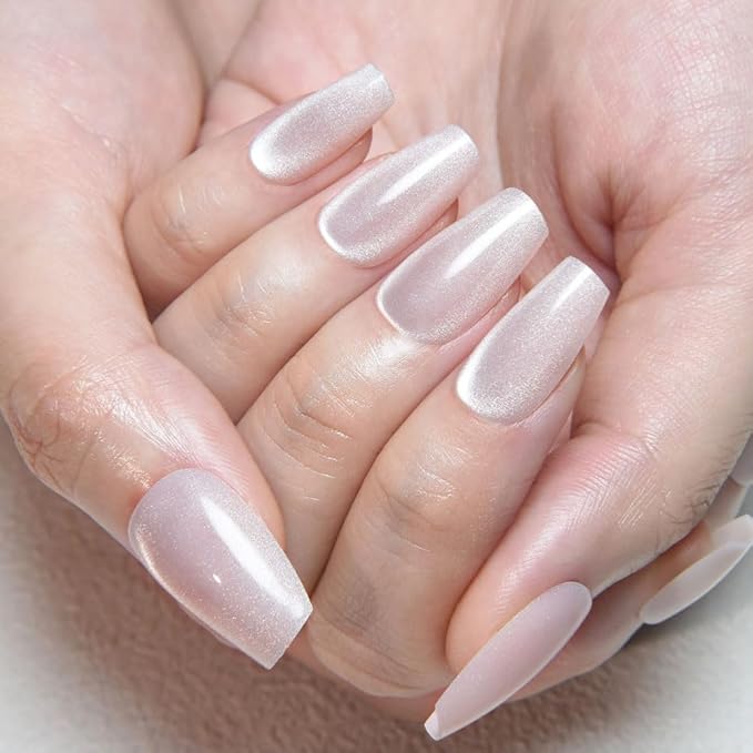 evpct Pearl White Nude Cat Eye Coffin Press on Nails Square Medium, Stick on Nail Medium Square for Women Gift, Pearl Metallic Glitter Glossy Reusable Soft Gel Press on Acrylic Fake Nail with Designs