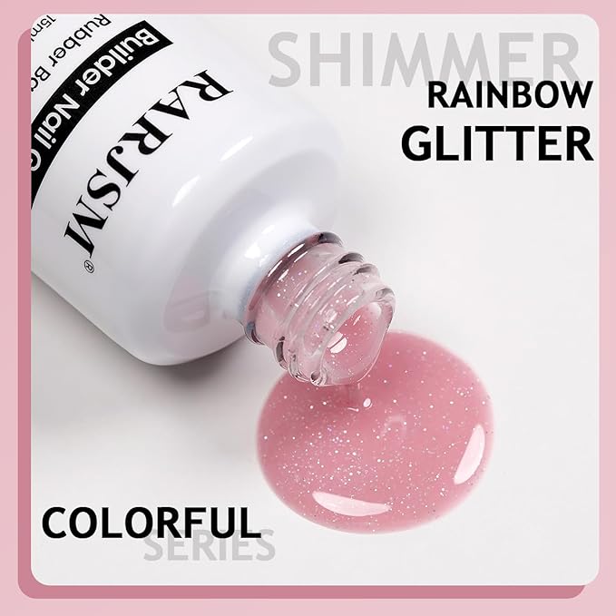 RARJSM Glitter Rubber Base Gel Nail Polish Nude Cherry Blossom Pink Rainbow Iridescent Shimmer Brush on Quick Extend Builder Hard Gel Soak Off Curing Requires 15ml Salon Home French Manicure