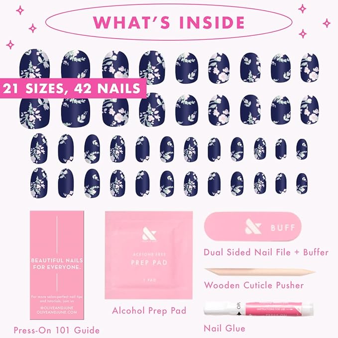 Olive & June Instant Mani Press-On Nails (Glue) | 42 Fake Nails, 21 Sizes | Non-Toxic, Long-Lasting Recycled Materials Realistic Look | Spring Flowers & Patterns | Short, Round | Micro Floral