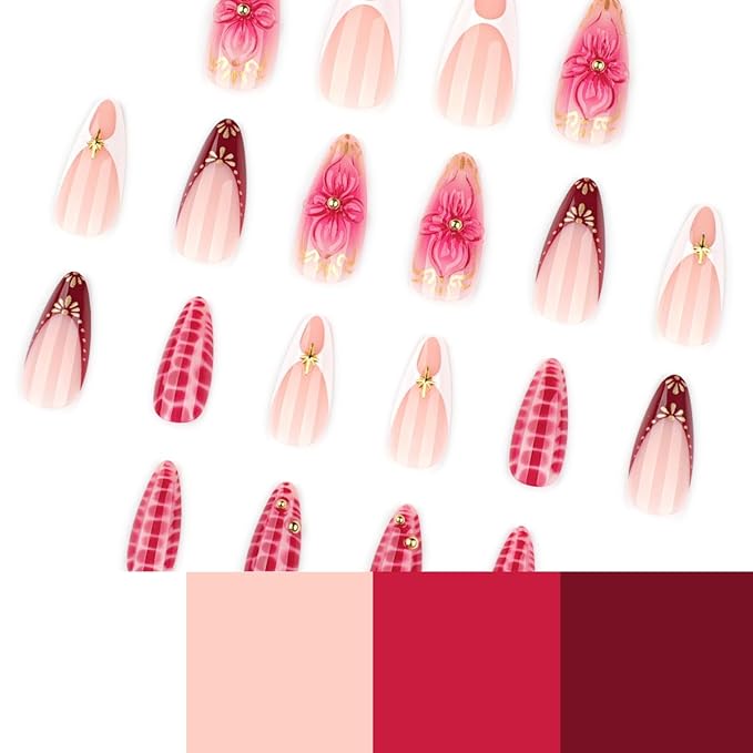 Medium Press on Nails Almond,Spring Summer Fake Nails,Red Nails Press ons with Crocodile,Gold Star,Lines,Beads Design,Reusable Artificial Nails,Easy Apply Manicure Kit for Women 24Pcs