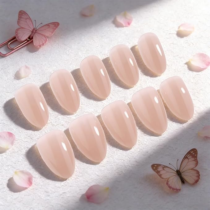Nude Brown Jelly Press On Nails Short Almond, Glossy Design Acrylic Fake Nails with Full Cover Stick on Nails,Reusable Glue-On Stickers for Fashion False Nails for Women Gift