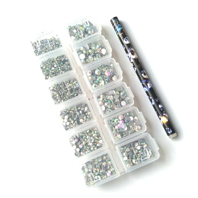MRSCRET 4640pcs Nail Crystals Flatback Rhinestones AB Glass Charms Gems Stones Diamonds for Nails Crafts DIY Nail Art Decoration with Wax Picker Pencil Mix SS 3 6 8 10 12 16 20(1.3-4.8) MM