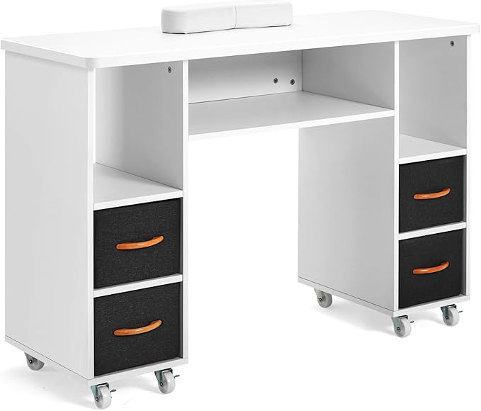 Artist hand Nail Table, Manicure Table, Nail Tech Table Station, Wrist Cushion, Lockable Wheels, Fabric Storage Drawers, Wooden Handle, White