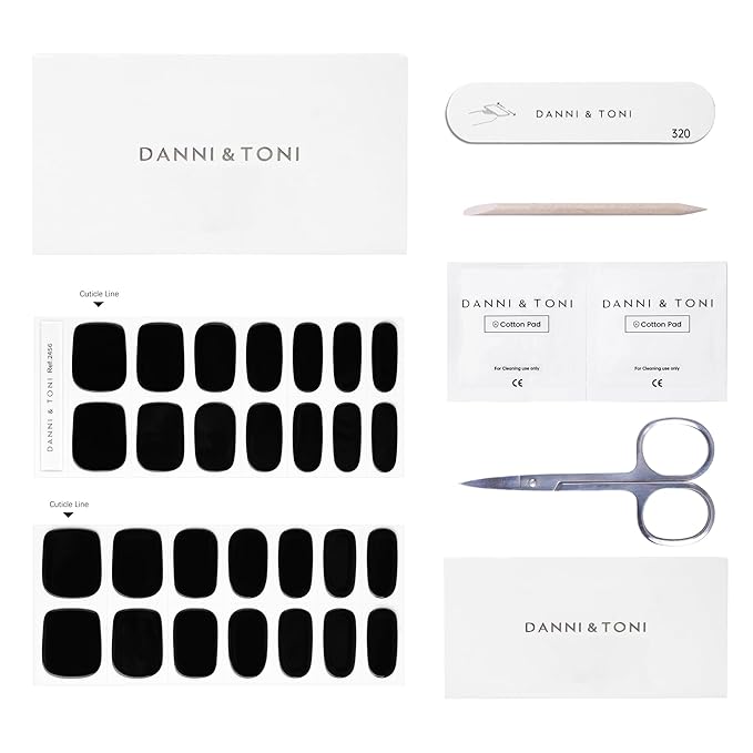 DANNI & TONI Semi Cured Gel Nail Strips Black (Obsidian) Gel Nail Polish Stickers Glossy Nail Wraps 28 Stickers