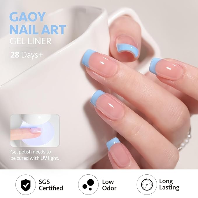 GAOY Light Blue Swirl Gel Nail Polish Art Liner, 12ml Baby Pastel Blue Color Nail Paint Design with Thin Brush, UV Light Cure for DIY French Manicure at Home