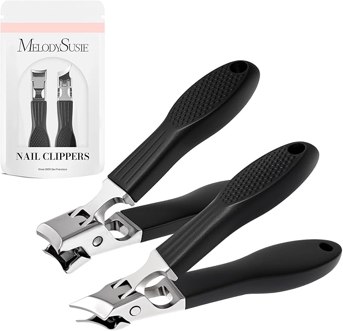 MelodySusie Wide Jaw Opening Nail Clippers Set, 2 pcs Toenail Clippers for Seniors Thick Nails, Anti-Splash Curved and Slanted Nail Clippers for Men Women, Fingernail Cutter with Catcher, Black