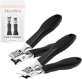 MelodySusie Wide Jaw Opening Nail Clippers Set, 2 pcs Toenail Clippers for Seniors Thick Nails, Anti-Splash Curved and Slanted Nail Clippers for Men Women, Fingernail Cutter with Catcher, Black