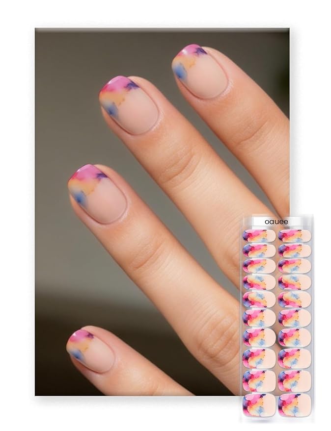 Semi Cured Gel Nail Strips | Built-In Gel Top Coat | UV Light Required | Salon Quality, Easy Application And Removal (Ink Blot Rainbow）