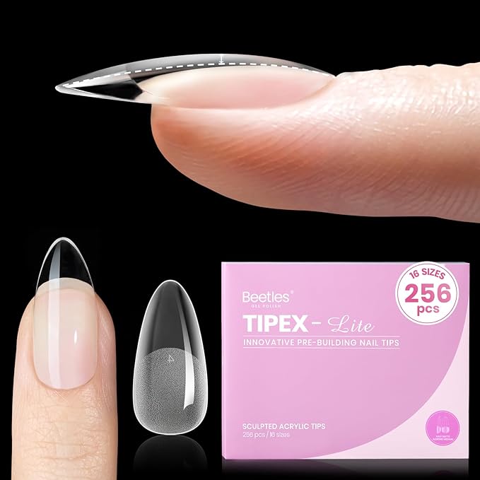 Beetles Tipex Lite Pre-Built Apex Gel Nail Tips, Almond Medium, 256pcs Value Pack, 16 Sizes, Flat-Nail Friendly Acrylic Tips for Natural Nail Beds, Easy for Beginner DIY