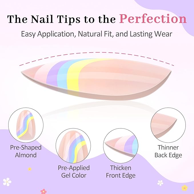 16 Sizes Press on Nails Kit for Kids - 32 Pieces French Almond Fake Nail Tips for Girls 8-12 Years Old with Jelly Nail Adhesives & No-Lamp Nail Glue, Birthday Easter Gifts (Rainbow Flower)