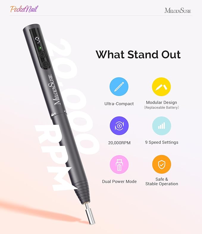 MelodySusie PocketNail Pen-Shaped Cordless Modular Nail Drill, PC100GR 20000RPM Slim Portable Rechargeable Electric File for Manicure Pedicure Nail Care, Shaping & Gel Removal at Home for Beginners