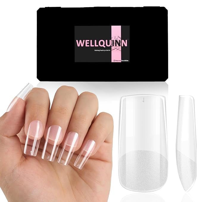 Square Nail Tips Medium Thicken Soft Gel Nails Pre-etched Clear Full Cover Press on Acrylic Fake Nail Extension for Manicure Salon Home DIY 360Pcs 15 Sizes Black Box Collection