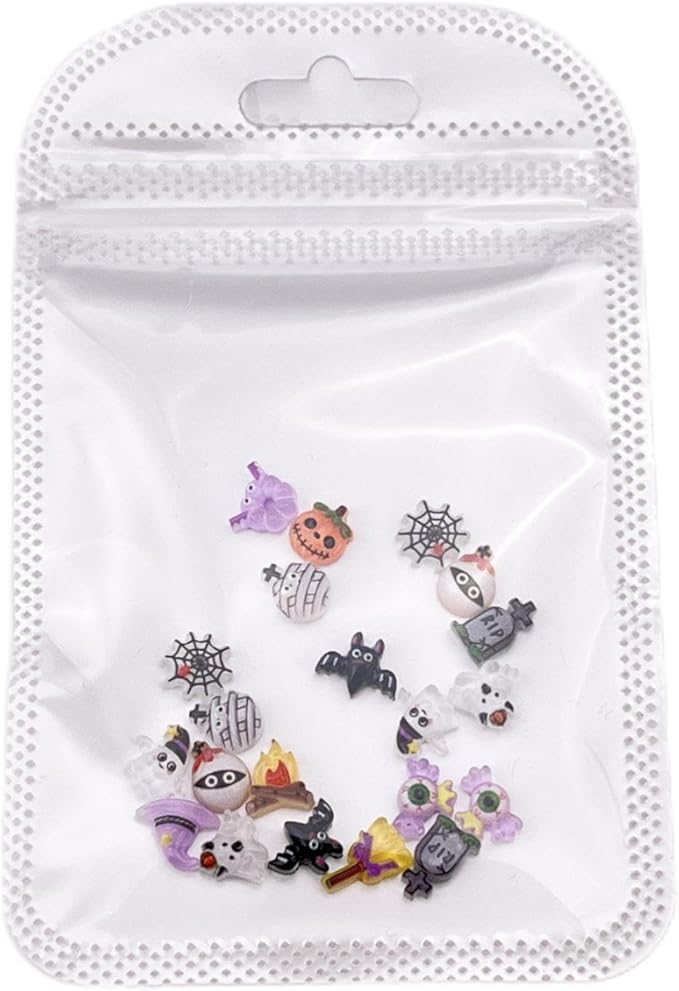 100Pcs Halloween Nail Art Charms Multi Shapes Colors 3D Pumpkin Torch Broom Nail Charms Cute Cartoon Bandage Web Ghost Tombstone Hat Nail Art Rhinestones Mini Flatback Nail Supplies for DIY Nails Art