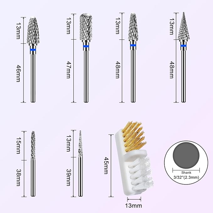 Diesisa 6 Pack Nail Drill Bits for Acrylic Nails, 3/32" Shank Drill Bits for Nails Professional Electric Cuticle Drill Bit, Cuticle Cleaner Nail Gel Polish Remover Tool for Home Salon Nail Bits-Blue