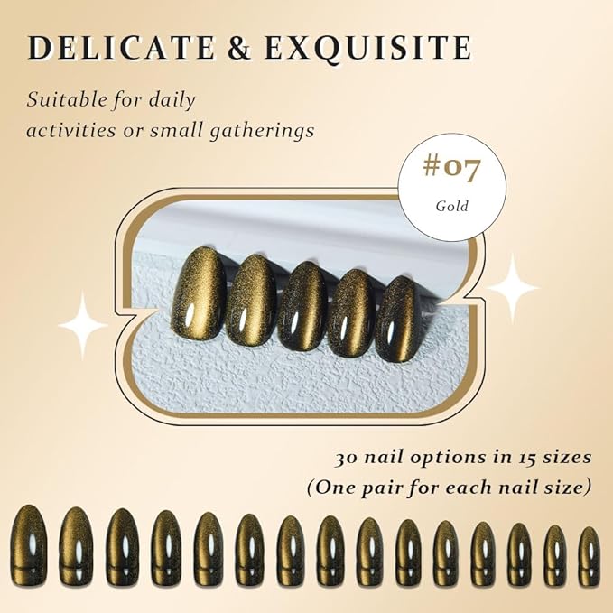 evpct Cat Eye Gold Press on Nails Almond Short, Gold Metal Short Almond Soft Gel Press on Nails with Nail Kit, Fit Perfectly, 30Pcs Reusable Acrylic Fake Press-on Nail Polish Kit for Women Gift