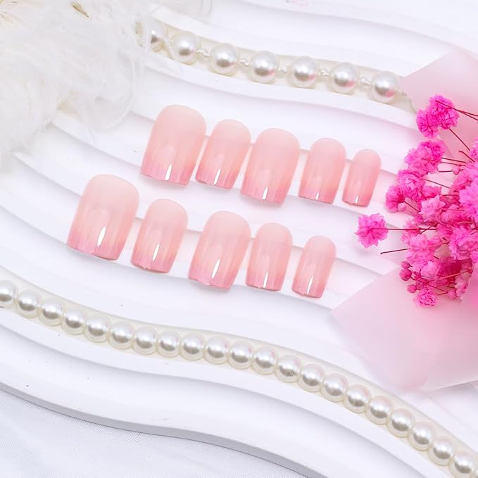 24Pcs Short Press on Nails Square Fake Nails Pink Press ons French Tip Glue on Nails Glossy Full Cover Cute Acrylic Nails Short Coffin False Nails Reusable Artificial Stick on Nails for Women Manicure