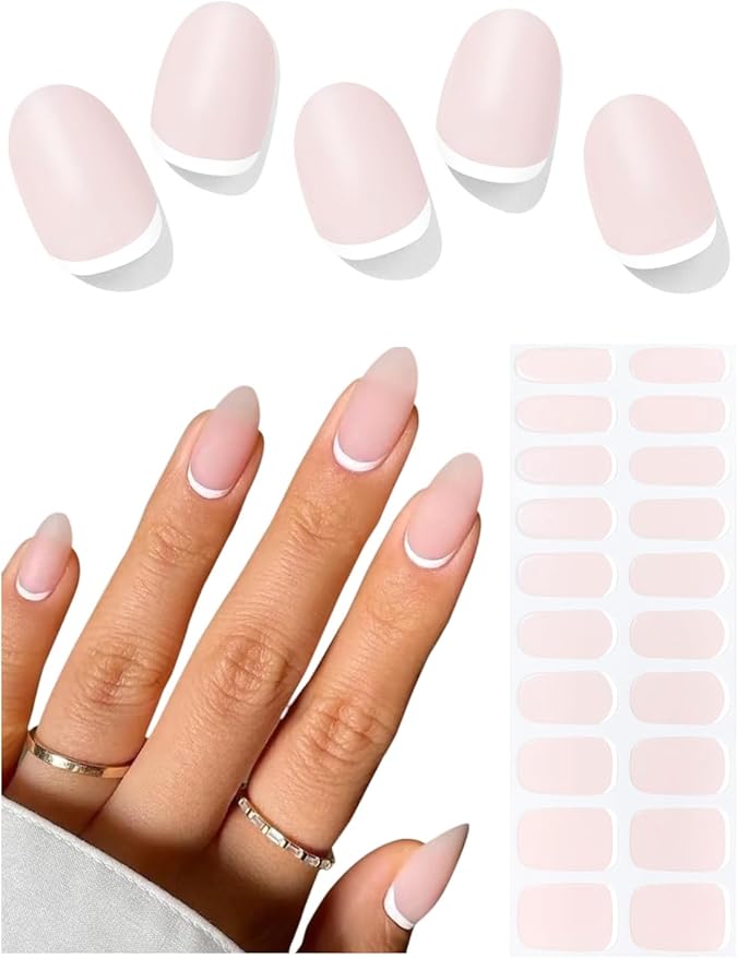 Semi Cured Gel Nail Strips (White End), Translucent Matte, 20 Pcs Summer Gel Nail Wraps, Stickers, UV Light Required, Salon Quality, Long Lasting
