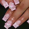 24Pcs French Tip Press on Nails Medium Length Square Fake Nails with 3D Pink Bow Heart Cute Cartoon Design Glossy Full Cover Coffin False Nail with Cute Cat Full Cover Coffin False Nail for Women