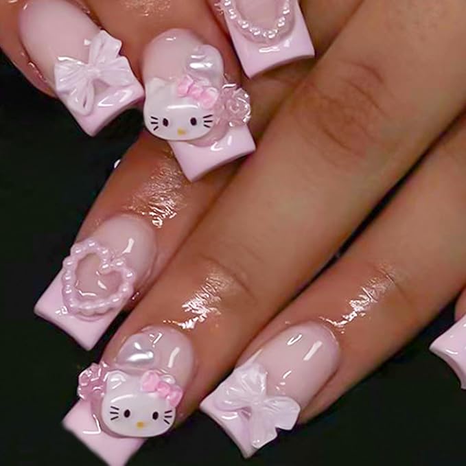24Pcs French Tip Press on Nails Medium Length Square Fake Nails with 3D Pink Bow Heart Cute Cartoon Design Glossy Full Cover Coffin False Nail with Cute Cat Full Cover Coffin False Nail for Women