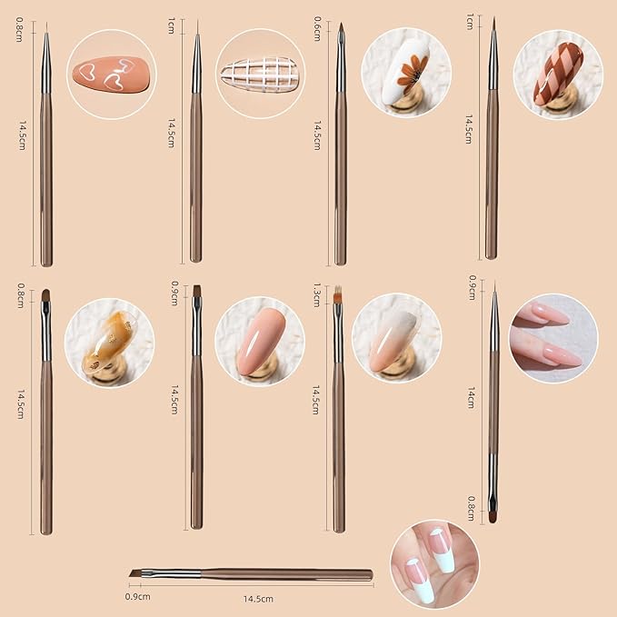 Nail Art Brushes, Nail Brushes for Nail Art Brush Acrylic Set Design Tools Brown (9Pcs)