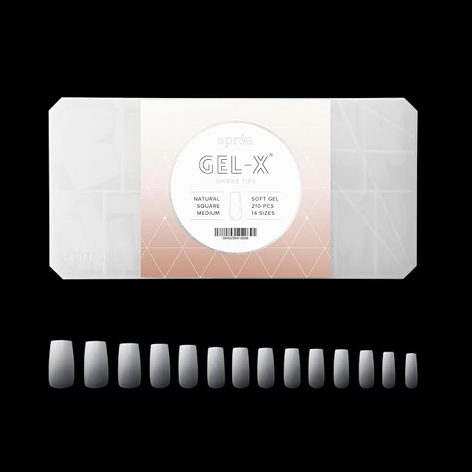 Apres Ombre Gel-X® Box of Nail Tips, 14 Sizes 00-9, Premium Quality (Natural Square Medium, 210 Count)