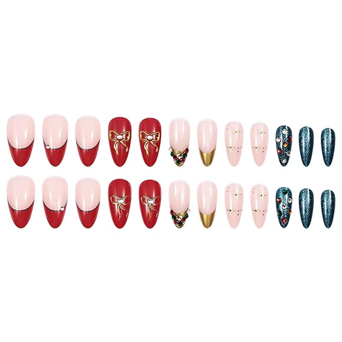 Christmas Press on Nails Almond Fake Nails Medium Artificial Nail Stick on Nail for Women 24pcs