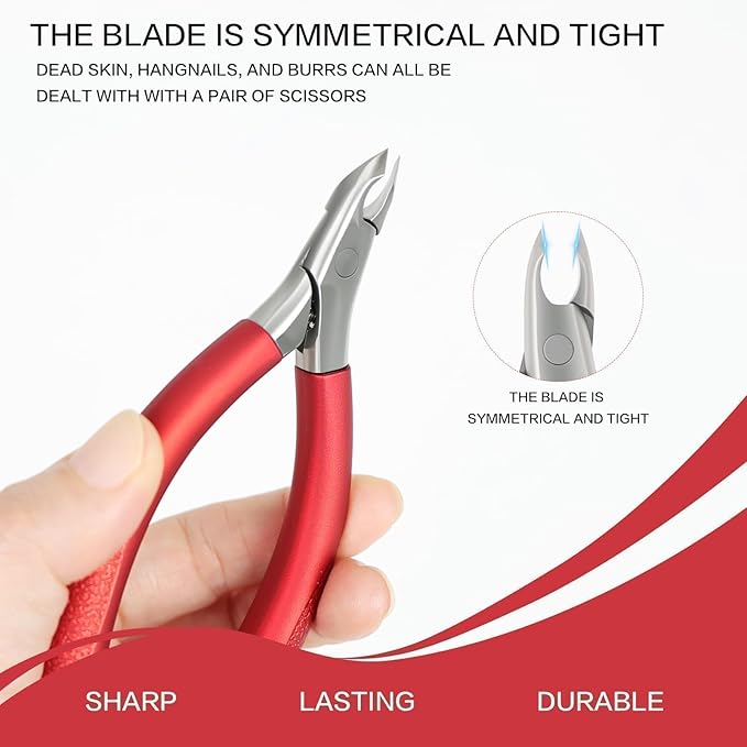 Professional Cuticle Nippers with Anti-Slip Textured Grip - Sharp Stainless Steel Cuticle Trimmer & Remover for Fingernails & Toenails - Ergonomic Dead Skin Scissors & Manicure Tool (Red)