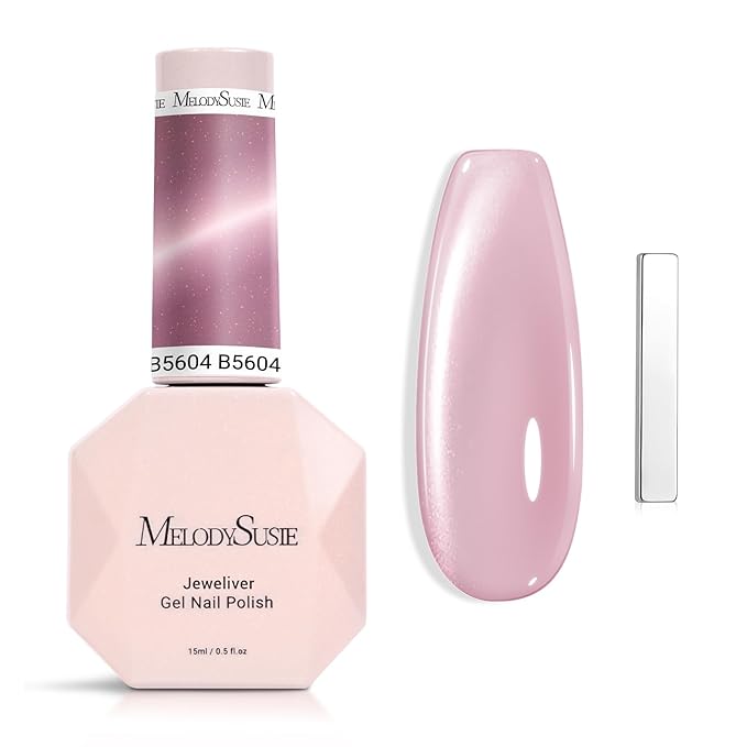 MelodySusie Glass Cat Eye Gel Nail Polish, Mist Pink Glitter Holographic Magnetic Nail Polish with Magnet, 0.5 Fl Oz UV Nail Polish for Nail Art Manicure Salon DIY at Home B5604