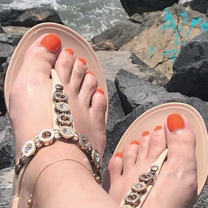 Orange Square Fake Toenails Solid Matte Press on Toe Nails Short Acrylic False Toes Nails Artificial Beach Full Cover Toenail for Women 24 Pcs (Orange)