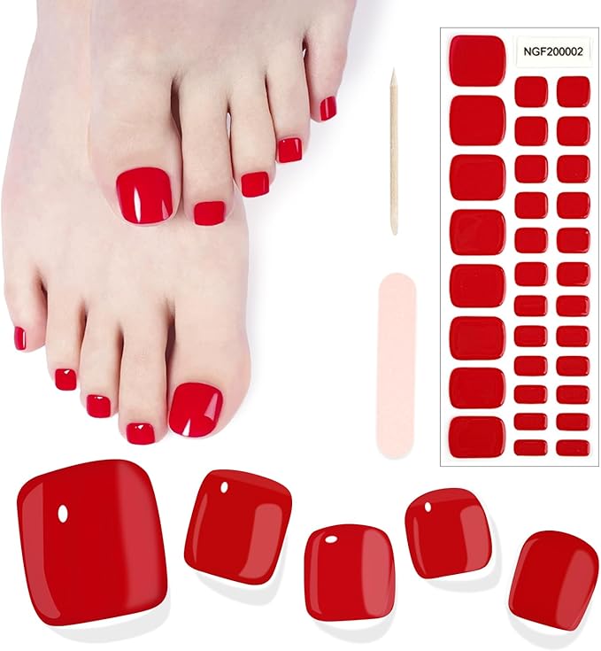 SILPECWEE Semi Cured Gel Nail Strips, Toenails Stickers Full Nail Wraps UV Light Required, Salon Quality, Easy to Apply & Remove, Toenail Strips for Women Girl (Alluring Red - 32PCS)