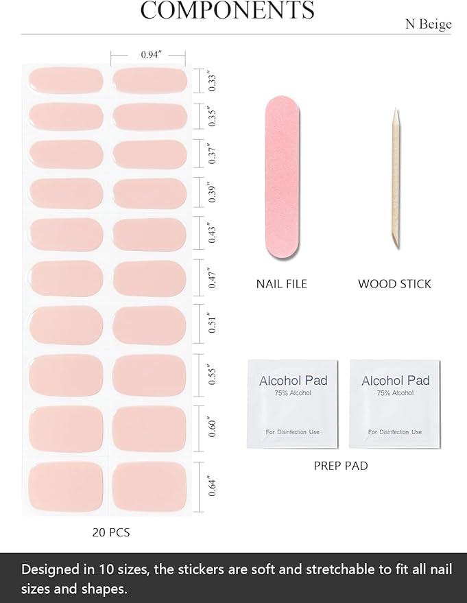 Semi Cured Gel Nail Strips (N Beige), Nude, 20 Pcs Gel Nail Wraps, Stickers, Salon Quality, Long Lasting, Works with Any UV Lamps