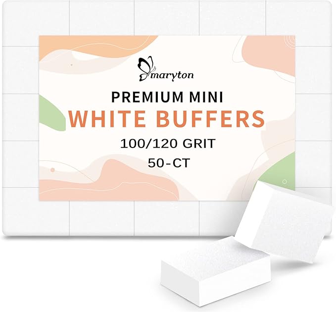 Maryton Mini Nail Buffer Blocks - 100/120 Grit Professional Salon White Buffers - Buff Nails Prior to Application of Gel Polish, Acrylic, 50 Count