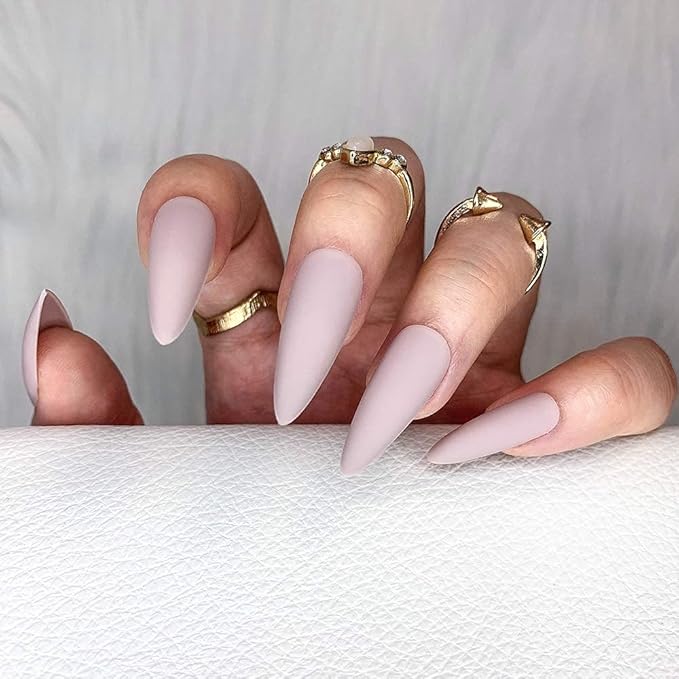 Morily 24pcs Fake Nails Matte Pure Color Medium Long Stiletto Almond Press on Nail False Tips Artificial Finger Manicure for Women (Nude)