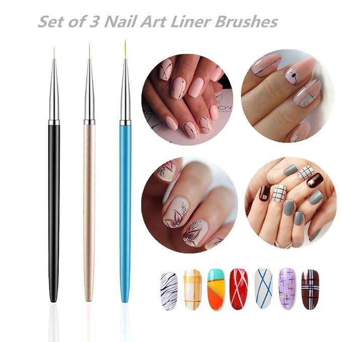 3PCS Nail Art Liner Brushes, UV Gel Painting Acrylic Nail Design Nylon Brush, Nail Painting Drawing Pens (7/9/11mm)