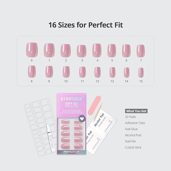 BTArtbox Press On Nails Short - Square Press On Nail, Pink Chrome Nail Tips Glue On Nails with Nail Glue, Reusable Stick On Nails in 15 Sizes - 30 Soft Gel Fake Nails Kit, Lotus Glazed