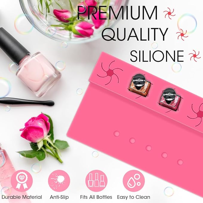 Nail Polish Holder,Silicone Hand Rest Mat Fingernail Painting Tools 2 in 1 Art Accessories Organizer Case Set with Anti-Spill Bottle Stand and Finger Separators for Pedicure Manicure-Rose Red