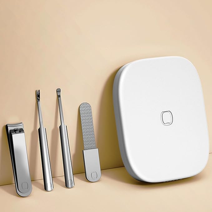 4-in-1 Nail Care Set with Storage Case - Stainless Steel Nail Clippers, Cuticle Fork, Ear Pick, and Nail File - Travel Nail Cutter Kit for Men and Women - White