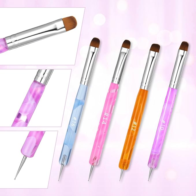 4pcs French Gel Acrylic Nail Art Brush Mixed Color Two Way Nail Art Brush with Dotting Professional Manicure Tool for Manicure Cuticle Clean up Detailed Designs Nail Dotting Pen (10#, 12#, 14#, 16#)