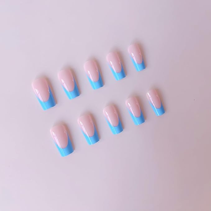 48Pcs Blue French Tip Press on Toenails Press on Nails Long Square Fake Nails with Design Nude Glue on Nails Spring False Nails Glossy Reusable Summer Nails Toenails for Women Manicure