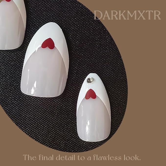 Press-On Nails, Heart Design False Nails, Pink White Glossy Fake Nails with Rhinestone, 24Pcs Reusable Artificial Nails Kit