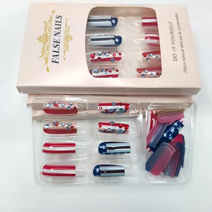 Independence Day Press on Nails Medium Square Fake Nails with Blue & Red Rhinestone Designs Glitter Stripe False Nails for Women Independence Glue on Nails Full Cover Stick on Nails 24Pcs
